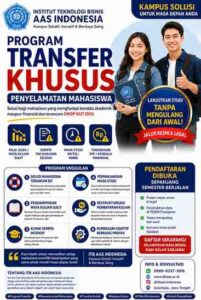 Institut Teknologi Bisnis AAS Indonesia resmi membuka program jalur transfer khusus bagi mahasiswa dari berbagai perguruan tinggi yang menghadapi kendala akademik maupun finansial