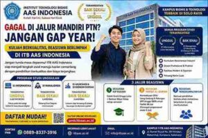 Mahasiswa ITB AAS Indonesia di depan kampus modern dengan informasi beasiswa KIP Kuliah, Tahfidz, dan Yayasan Amaliyah Ilmi sebagai solusi kuliah berkualitas bagi calon mahasiswa yang belum lolos jalur mandiri PTN.