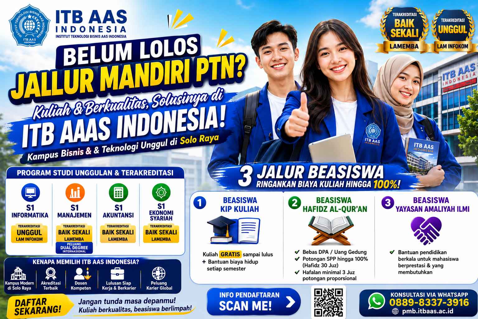 Mahasiswa ITB AAS Indonesia di depan kampus modern dengan informasi beasiswa KIP Kuliah, Tahfidz, dan Yayasan Amaliyah Ilmi sebagai solusi kuliah berkualitas bagi calon mahasiswa yang belum lolos jalur mandiri PTN.