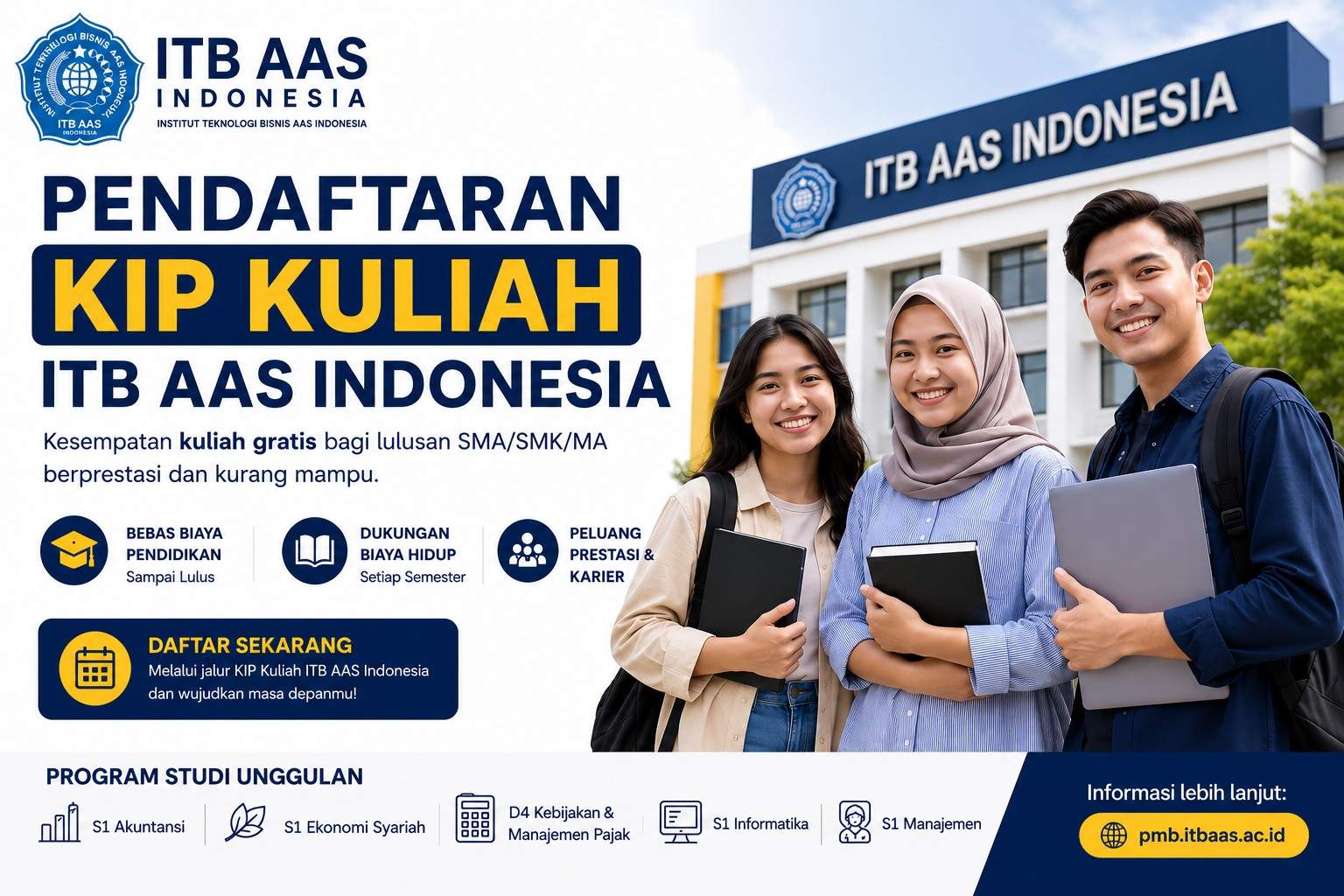Institut Teknologi Bisnis (ITB) AAS Indonesia kembali membuka kesempatan bagi lulusan SMA/SMK/MA sederajat untuk melanjutkan pendidikan tinggi melalui jalur Kartu Indonesia Pintar (KIP) Kuliah Tahun Akademik 2026/2027
