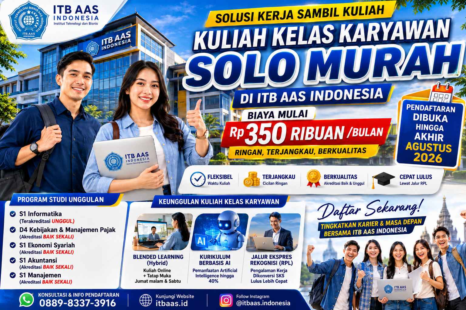 Mahasiswa kelas karyawan ITB AAS Indonesia mengikuti perkuliahan hybrid di Solo dengan biaya kuliah murah mulai Rp350 ribuan per bulan Tahun Akademik 2026/2027.
