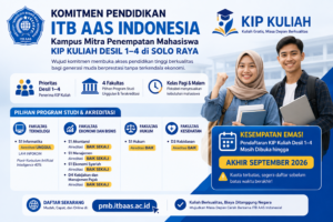 Institut Teknologi Bisnis AAS (ITB AAS) Indonesia terus memperkuat komitmennya dalam mendukung pemerataan akses pendidikan tinggi melalui Program Kartu Indonesia Pintar (KIP) Kuliah. Memasuki Tahun Akademik 2026/2027, ITB AAS Indonesia menjadi salah satu perguruan tinggi mitra penempatan mahasiswa penerima KIP Kuliah, dengan prioritas bagi calon mahasiswa dari kelompok desil 1 hingga desil 4.