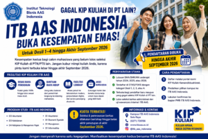 Institut Teknologi Bisnis AAS (ITB AAS) Indonesia kembali menegaskan komitmennya dalam mendukung pemerataan akses pendidikan tinggi bagi masyarakat. Pada Tahun Akademik 2026/2027, ITB AAS Indonesia membuka kesempatan bagi calon mahasiswa baru untuk memperoleh Beasiswa Kartu Indonesia Pintar (KIP) Kuliah.